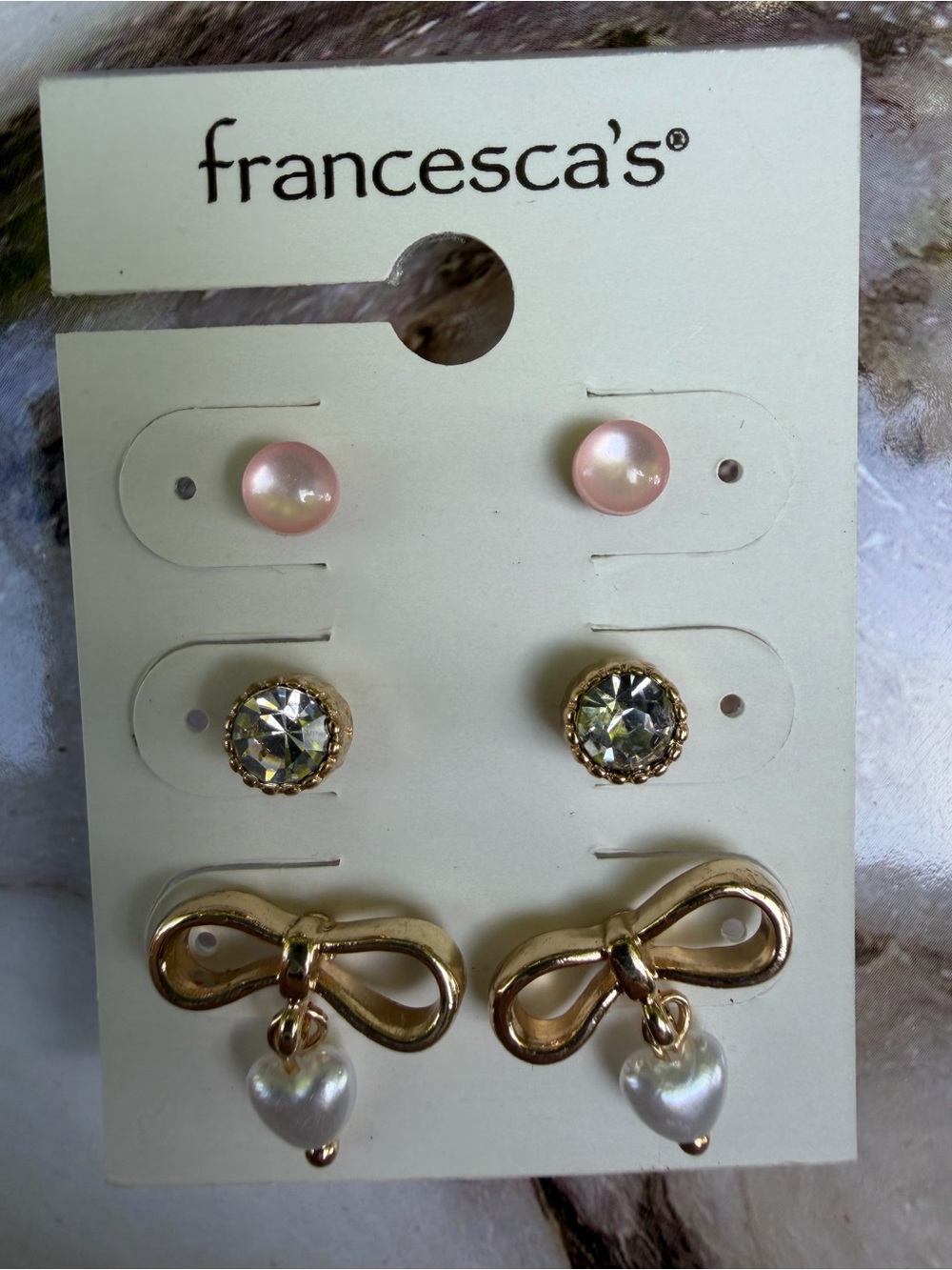 Francesca's Pink Pearl, Crystal & Gold Bow Earring Set - 3 Pairs
